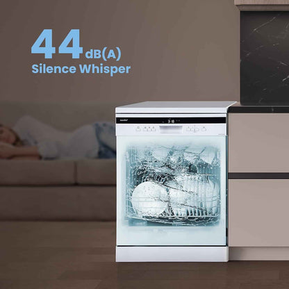 ' FD1435E-W Lave-Vaisselle Pose Libre 14 Couverts, 60 Cm, 44 Db | 8 Programmes, Ouverture Automatique, Départ Différé, Demi-Charge, Paniers Flexibles, Séchage Intensif, Blanc