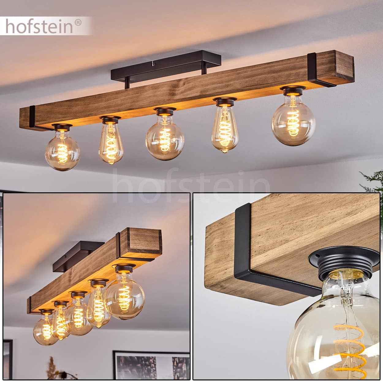 Plafonnier Montgomery, Plafonnier En Métal/Bois Noir/Naturel Avec Poutres En Bois (100 Cm), 5 X E27 Douille, Ampoule(S) Non Incluse(S)