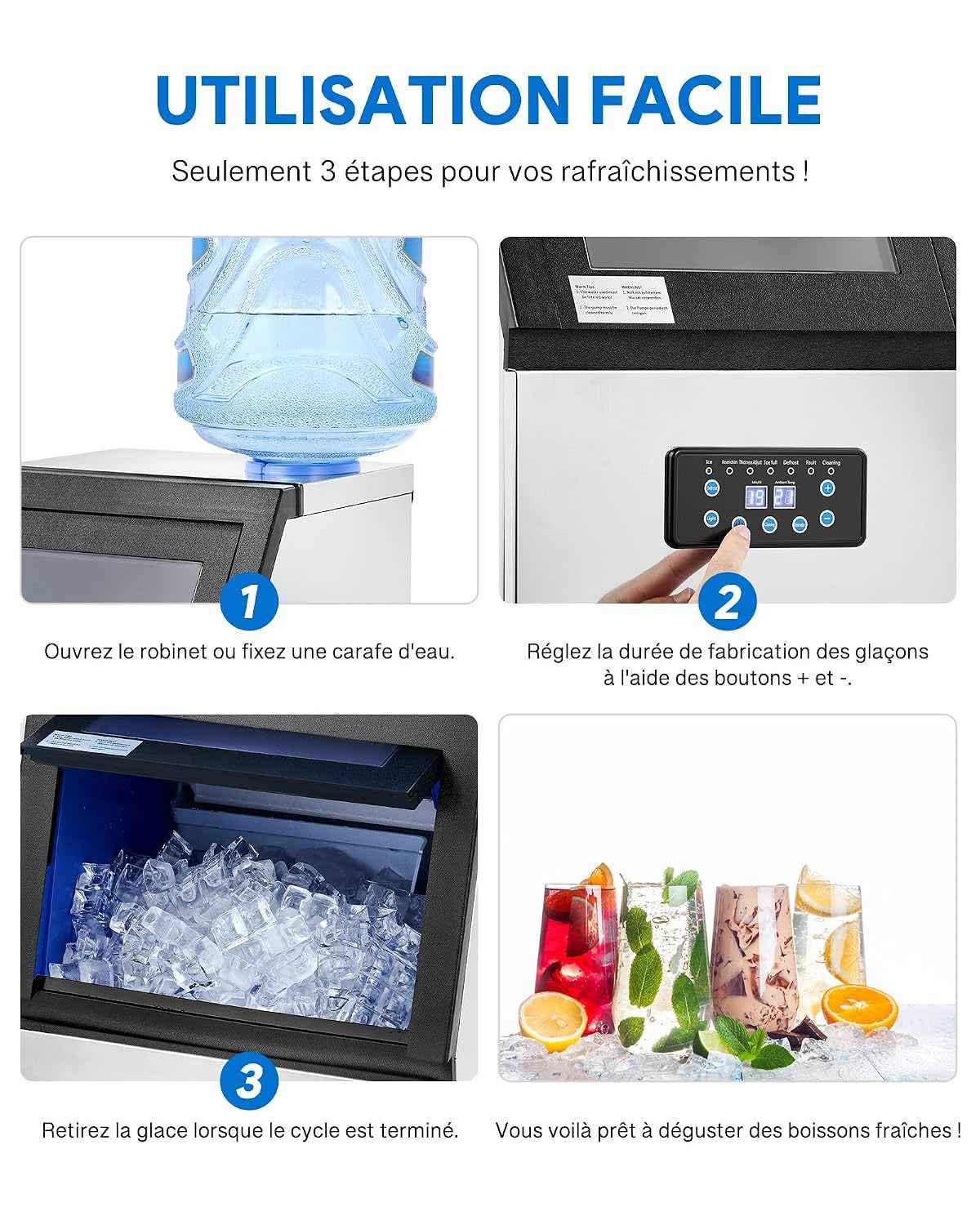 Machine À Glaçons Commerciale 480W 58Kg/24H Ice Maker Professionnel 36 Pièces Écran LCD Storage De 10Kg Pour Maison Bureau Restaurant Bar Café