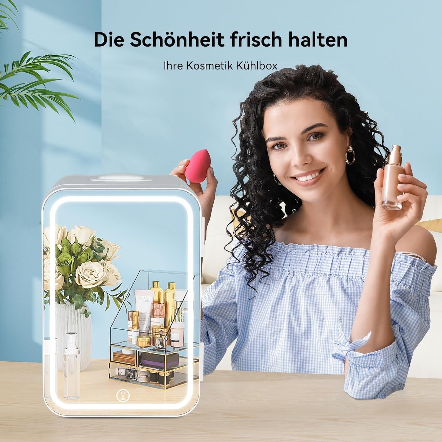 YOURLITE Mini Frigo De Chambre 2 En 1 8 Litres Avec Miroir LED À Intensité Variable, Mini Réfrigérateur Portable Ac/Dc Pour Cosmétiques Réfrigérés, Produits De Soins De La Peau Et Aliments