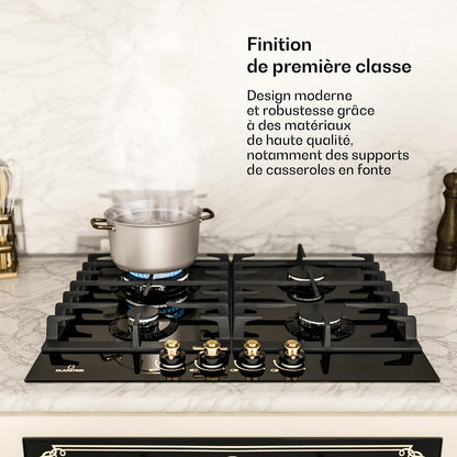 Klarstein Victoria - Table De Cuisson Gaz, Encastrable, Brûleur Sabaf, Gaz Naturel/Propane, Soupapes De Sécurité, Arrêt Automatique, Supports En Fonte, Verre Céramique Look Rétro, 4 Brûleurs, Noir