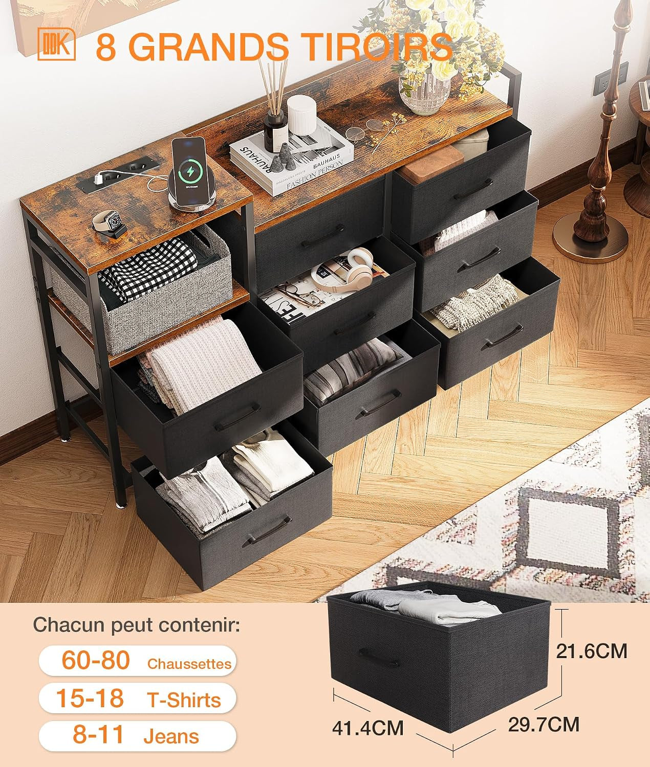 Commode Chambre, 2 Ports USB Et 2 Ports AC, 8 Vintage Tissu Tiroirs | Cadre En Acier Robuste, Plateau En Bois, Commode Salon, 132 X 30 X 88 Cm