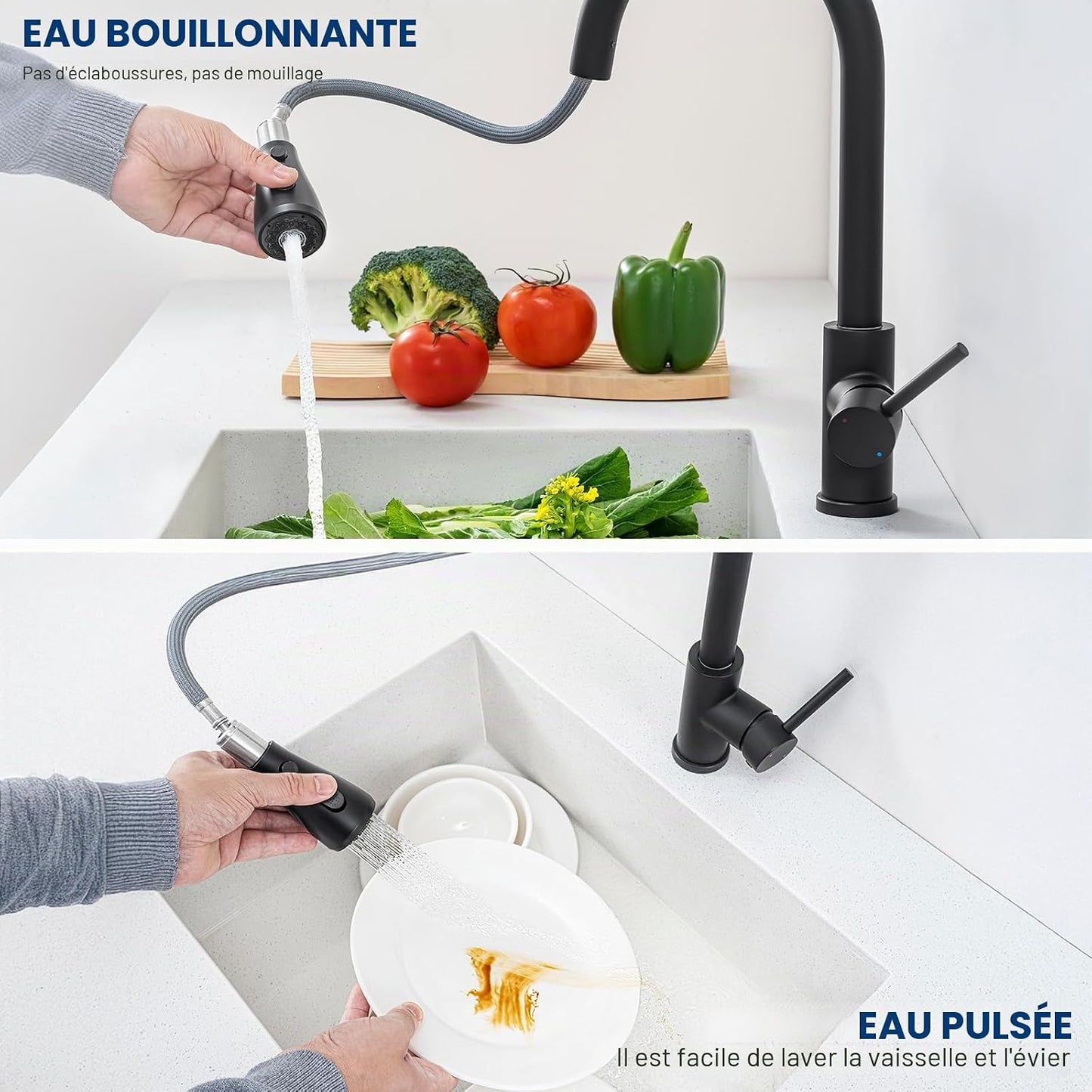 Évier De Cuisine Noir 70 X 45 X 20 Cm Avec Robinet Noir Extensible En Granit Avec Bonde Et Trop-Plein, 1 Bac Encastrable À Partir De 80 Cm De Largeur D'Armoire, Évier De Cuisine Avec Robinet