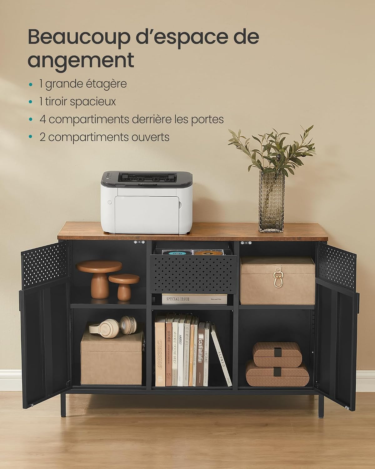 Meuble De Rangement, Buffet, Meuble En Métal, Placard À Double Portes, Fermeture Magnétique, Étagères Réglables, Cadre En Acier, Marron Rustique Et Noir Mat LSC204B01