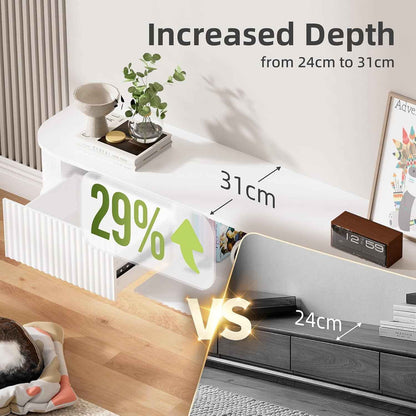 Meuble TV Suspendu Flottant Avec Lumières LED RGB – Meuble TV Mural Moderne Blanc 180 Cm Longueur, Profondeur 31 Cm Pour Rangement Amélioré, Pour Téléviseurs 65 À 75 Pouces