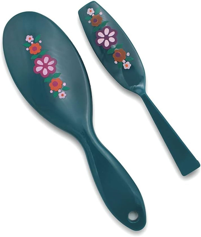 Lot De Brosses À Cheveux Rembourrées 3000 + 5000 – Taille Sac À Main + Brosses De Taille Complète, Couleur Sarcelle Avec Motifs Floraux, Brosses À Cheveux En Nylon Pour Femme