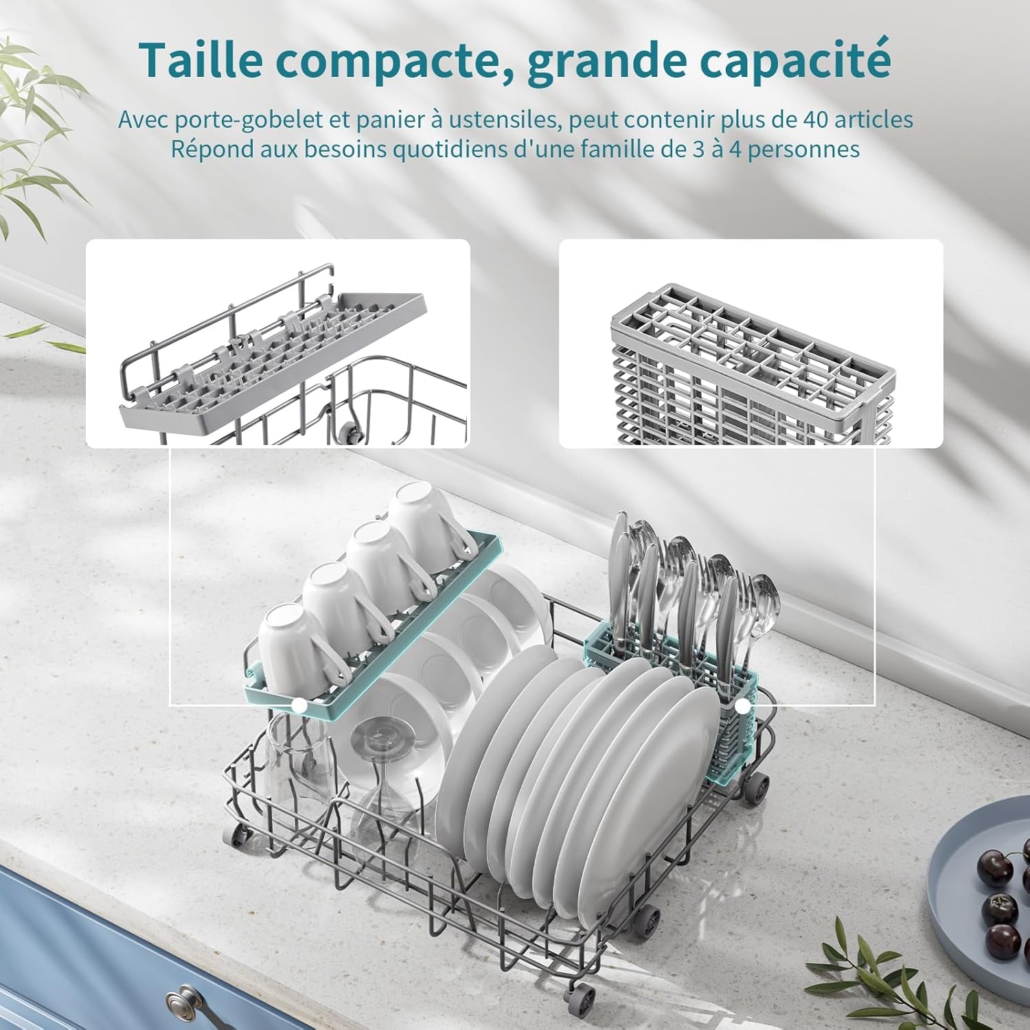 Mini Lave-Vaisselle De Comptoir, 5+1 Programmes, Réservoir D'Eau De 5L, Contrôle Tactile Et Écran LED, Adapté Pour Les Cuisines Familiales, Appartements Et Dortoirs, Blanc Et Noir