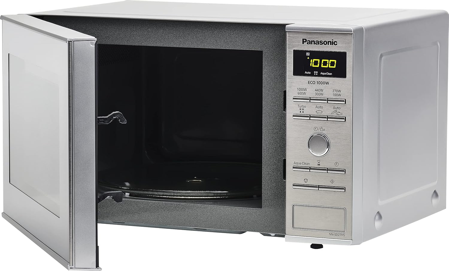 NN-SD27HSUPG Four Micro-Ondes Technologie Inverter Plateau Tournant En Verre, 23L, 1000W, 10 Prog Auto, Décongélation Chaos, 6 Puissances, Minuterie, Affichage LED, Acier Inoxydable Argent