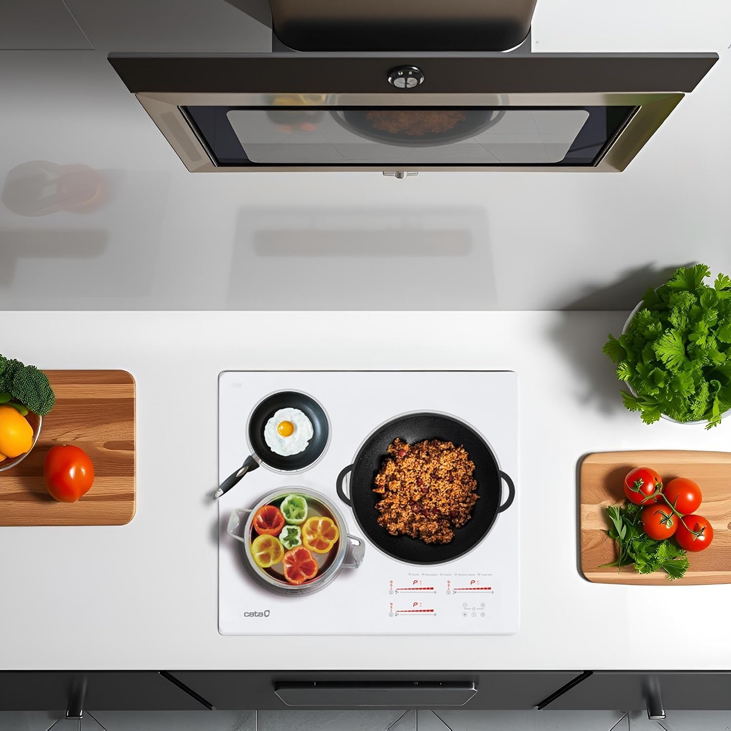 , Plaque D'Induction, Modèle INSB 6003 WH, 3 Zones De Cuisson, 9 Niveaux De Puissance + Booster 52X60X6Cm Blanc