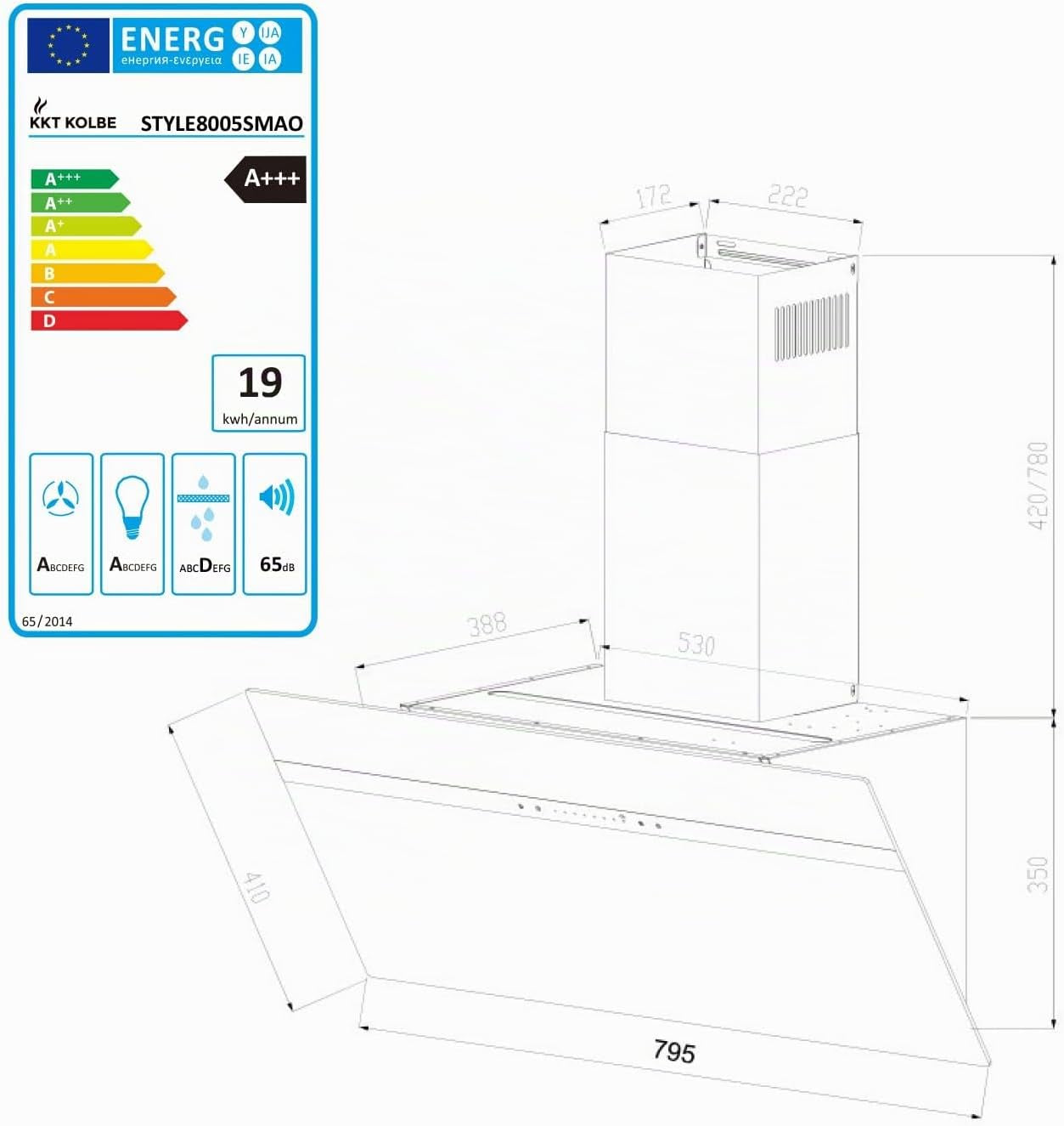Hotte Aspirante Cuisine 80 Cm | Inclinées | Acier Inoxydable | Verre Noir | Wifi | Arrête Automatiquement | Éclairage LED RVB | Opération Tactile | STYLE8005SMAO