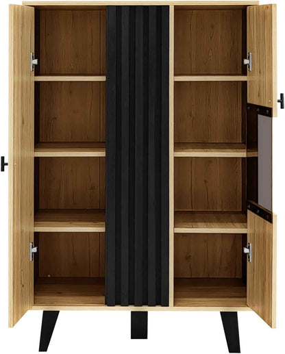 Buffet Noir Et Bois Avec 4 Grandes Étagères, Vitrine Avec Verre Et Lumières LED, Armoire Multifonction Pour Salon, Chambre, Couloir Et Salle À Manger (A)