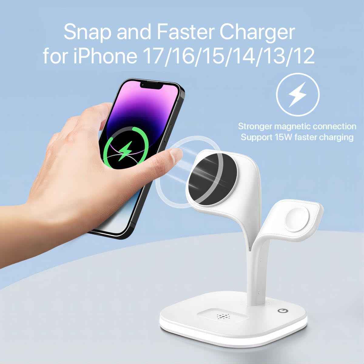 Mag-Safe Chargeur Induction, Magnétique 3 En 1 Station De Charge Pour Apple Avec Lampe, Chargeur Sans Fil Rapide Pour Iphone 17 16 15 14 13 12 Pro Max/Plus/Air, Apple Watch, Pour Airpods-Blanc