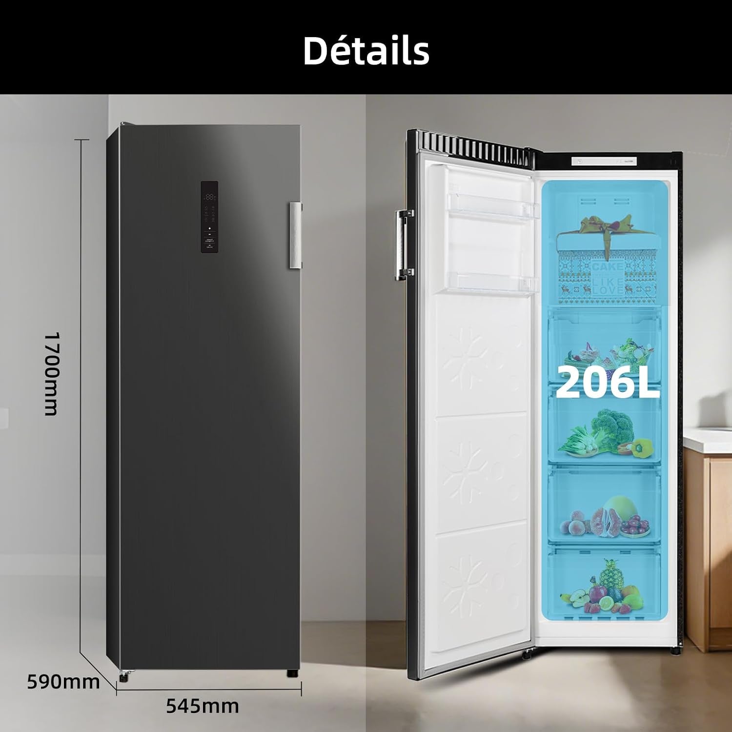 Congélateur Armoire 206L No Frost Inverter Noir (CSD206NEID) | Multi Air Flow, Ultra-Bas -32°C, Silencieux 39Db, Réfrigérateur Congélateur Commutable, Hauteur 1705Mm