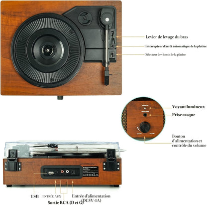 Platine Vinyle Bluetooth, Tourne Disque Avec 2 Haut-Parleurs Stéréo, Trois Vitesse 33/45/78, Prise En Charge De Usb/Aux-In/Sortie Rca,Phonographe Portable Pour Le Divertissement Et La Décoration