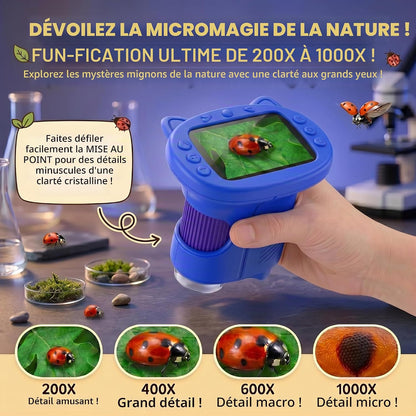 Microscope Enfant, Microscope Numérique Portable 1000X 4K Avec Écran IPS 2,4", 8 LED, USB Rechargeable, Jouet Éducatif Scientifique STEM, Cadeau Anniversaire Fille Garçon 3-12 Ans, Bleu