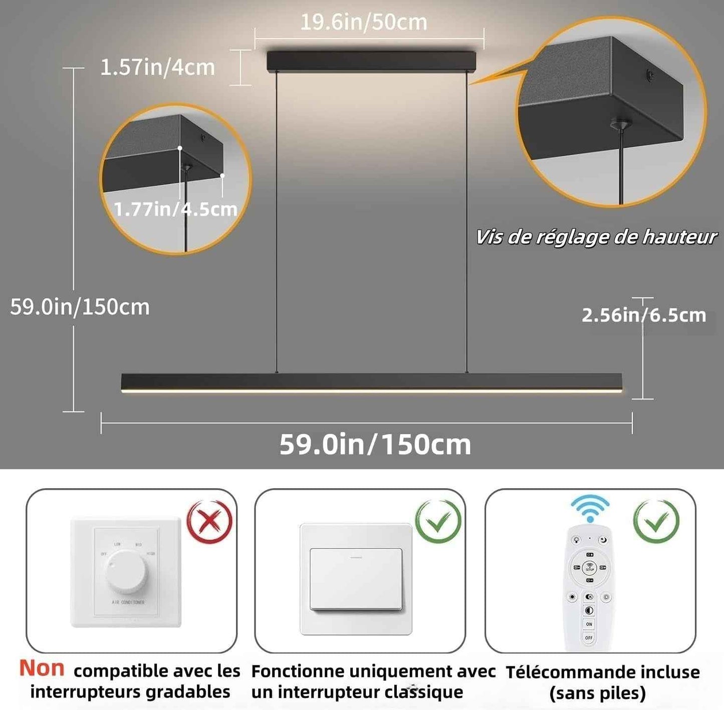 Suspension Luminaire Cuisine Moderne, 3000K/4500K/6500K 10%–100% Température De Couleur Lustre Linéaire, Dimmbar Avec Télécommande Chandelier Pour Cuisine,Salon,Salle À Manger,Chambre À Coucher 150CM