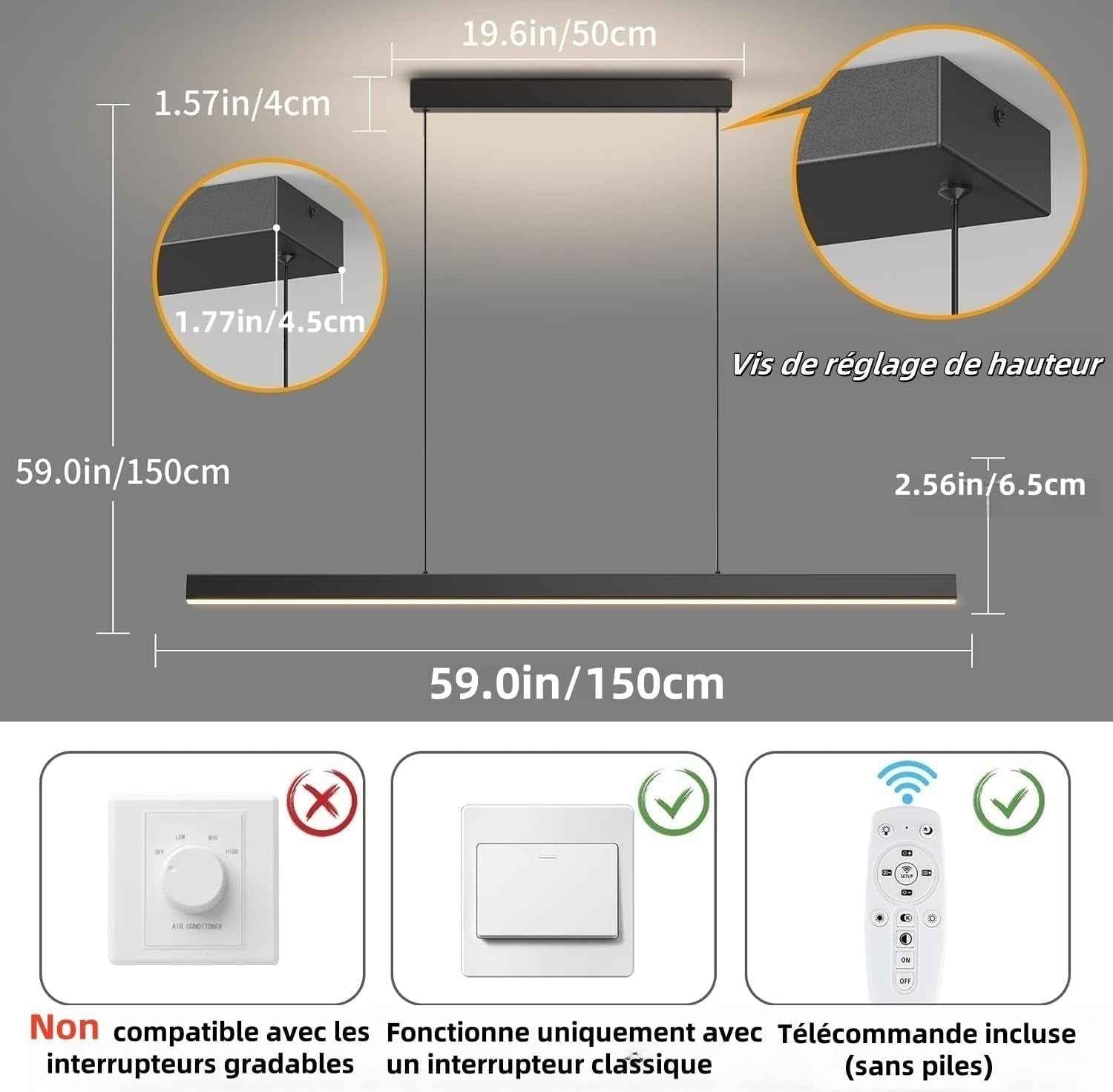 Suspension Luminaire Cuisine Moderne, 3000K/4500K/6500K 10%–100% Température De Couleur Lustre Linéaire, Dimmbar Avec Télécommande Chandelier Pour Cuisine,Salon,Salle À Manger,Chambre À Coucher 150CM