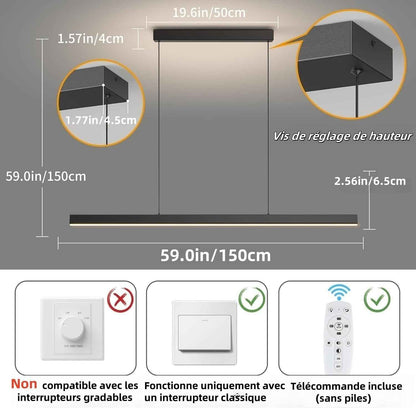 Suspension Luminaire Cuisine Moderne, 3000K/4500K/6500K 10%–100% Température De Couleur Lustre Linéaire, Dimmbar Avec Télécommande Chandelier Pour Cuisine,Salon,Salle À Manger,Chambre À Coucher 150CM