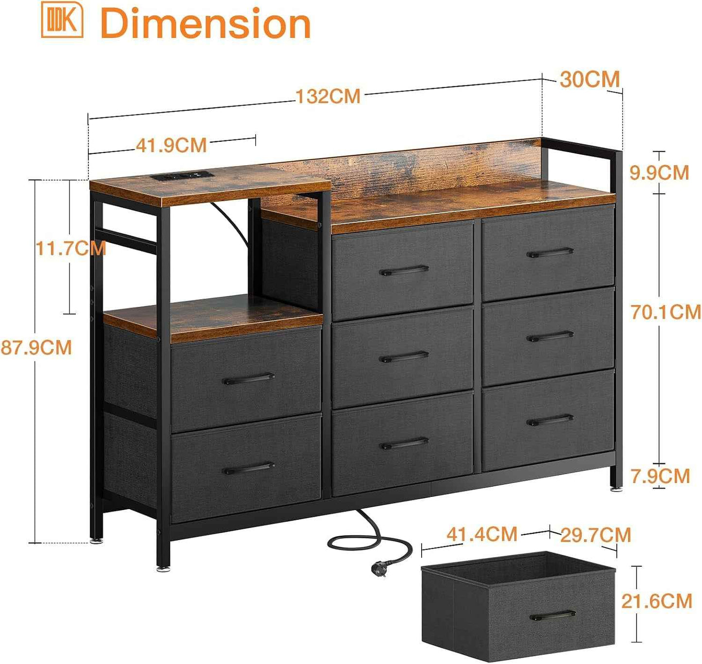 Commode Chambre, 2 Ports USB Et 2 Ports AC, 8 Vintage Tissu Tiroirs | Cadre En Acier Robuste, Plateau En Bois, Commode Salon, 132 X 30 X 88 Cm