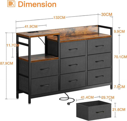 Commode Chambre, 2 Ports USB Et 2 Ports AC, 8 Vintage Tissu Tiroirs | Cadre En Acier Robuste, Plateau En Bois, Commode Salon, 132 X 30 X 88 Cm