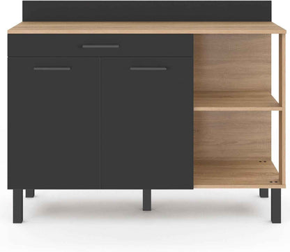 - Buffet Bas De Cuisine 120 CM CINA Plan De Travail H.83 Cm 2 Portes + Tiroir Façon Hêtre Et Noir