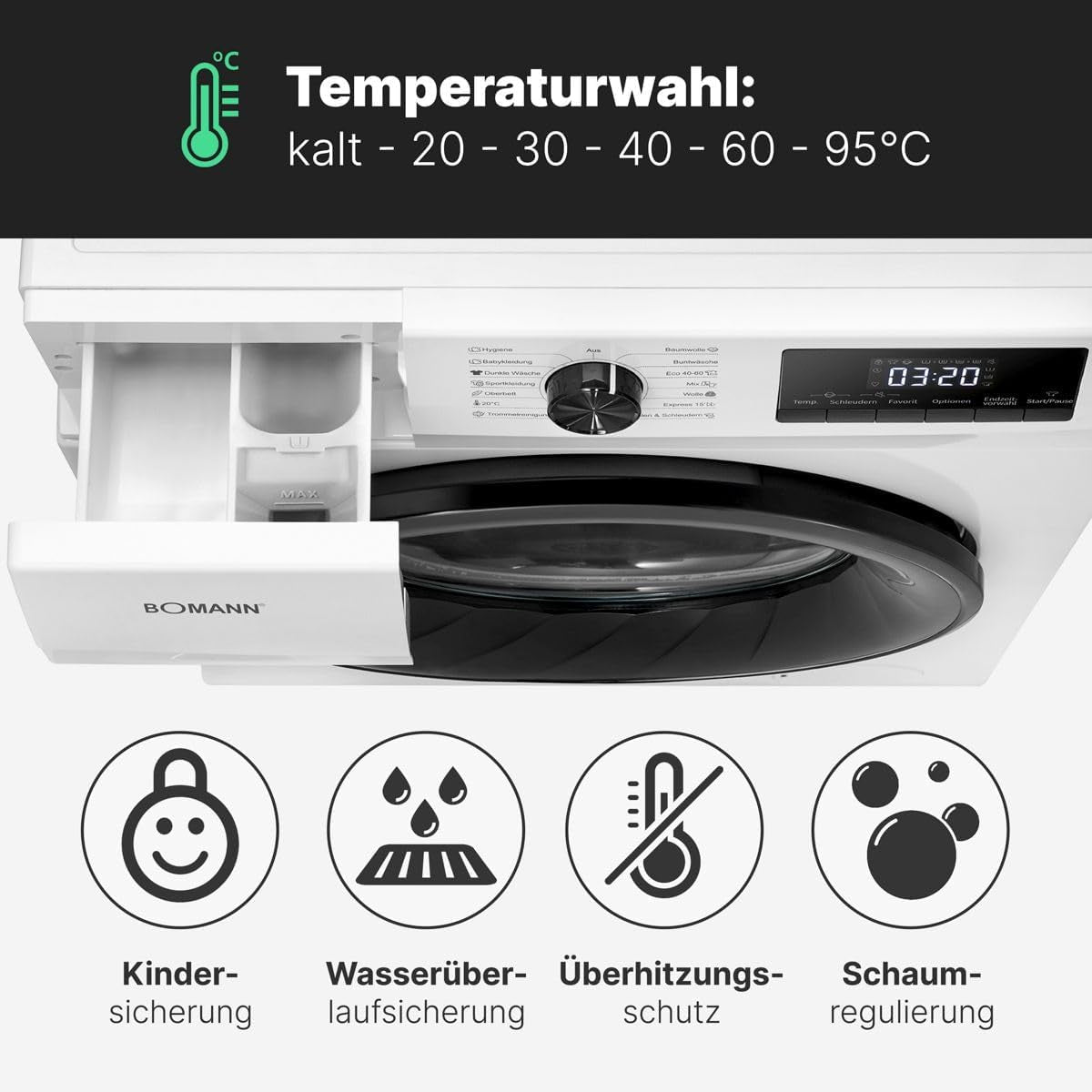Bomann WA 7110 10Kg Frontlader Waschmaschine, 60 Cm Breit, 1400U/Min, 15 Programme, LED Display, Kindersicherung, Weiß