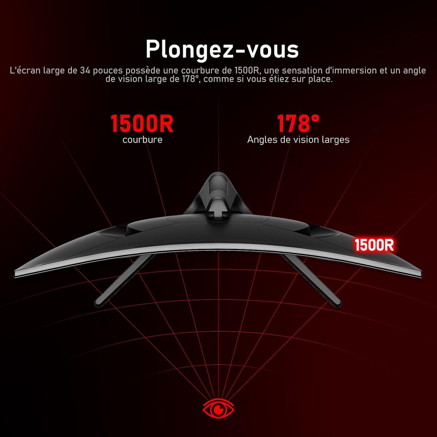 Écran PC Ultra Large 34 Pouces 1500R Incurvé 180Hz Gaming Computer Moniteur,21:9 Uwqhd(3440X1440)，128% Srgb，Freesync，Hdr，178 ° Angle Vue，Displayport、Hdmi，Vesa 75 * 75Mm-Noir