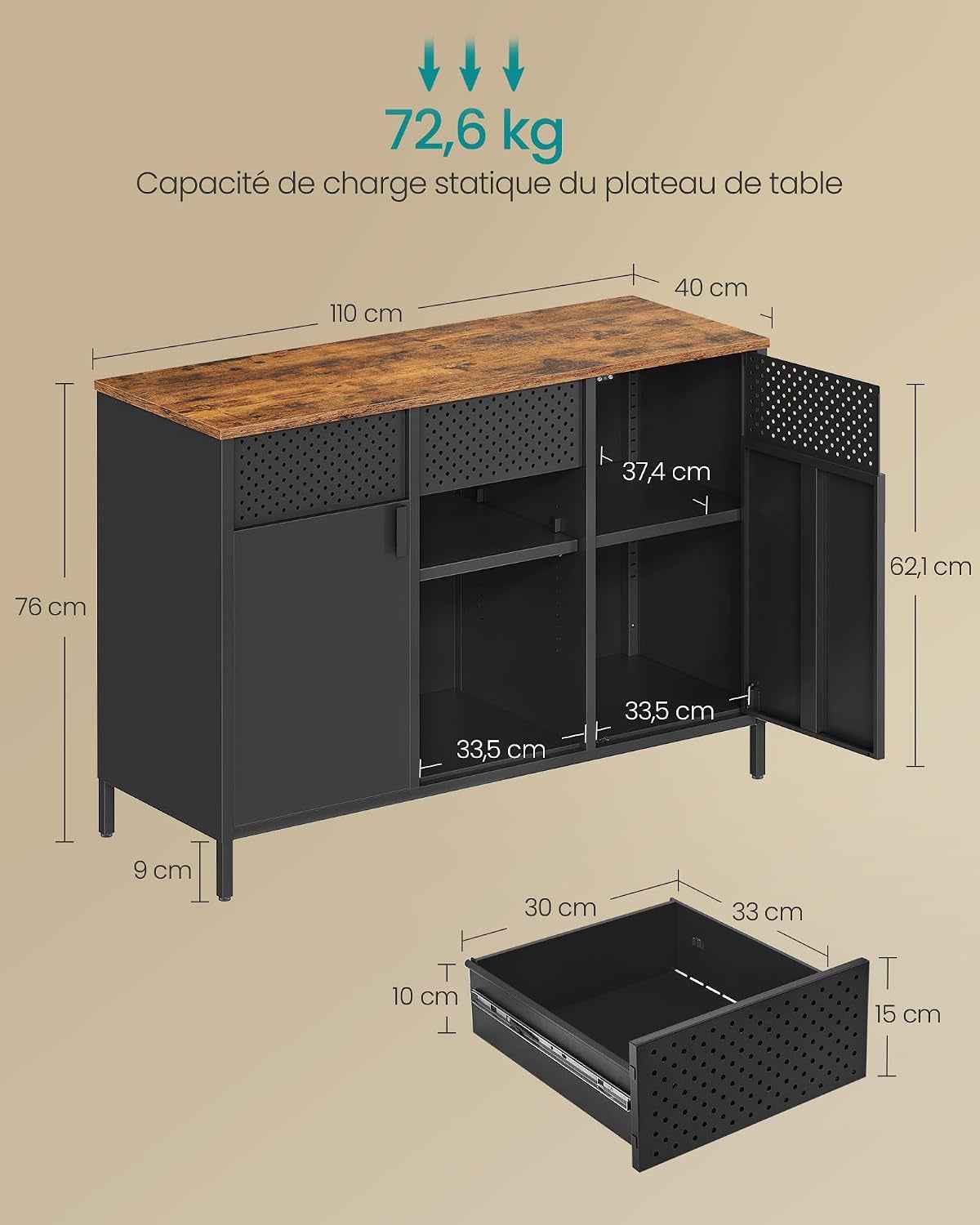 Meuble De Rangement, Buffet, Meuble En Métal, Placard À Double Portes, Fermeture Magnétique, Étagères Réglables, Cadre En Acier, Marron Rustique Et Noir Mat LSC204B01