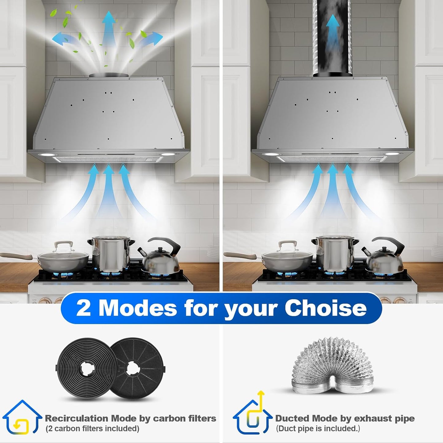 Hotte Aspirante 52Cm Encastrable, 400M³/H Hotte Cuisine, 3 Vitesses & Fonction Booster, Gestuelle, Tactile, Éclairage LED, Évacuation & Recyclage D'Air Avec Filtre À Charbon Et Conduit