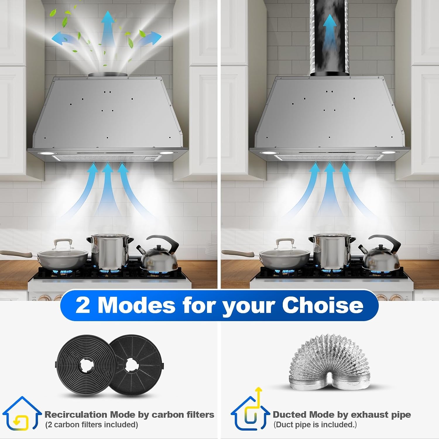 Hotte Aspirante 52Cm Encastrable, 400M³/H Hotte Cuisine, 3 Vitesses & Fonction Booster, Gestuelle, Tactile, Éclairage LED, Évacuation & Recyclage D'Air Avec Filtre À Charbon Et Conduit