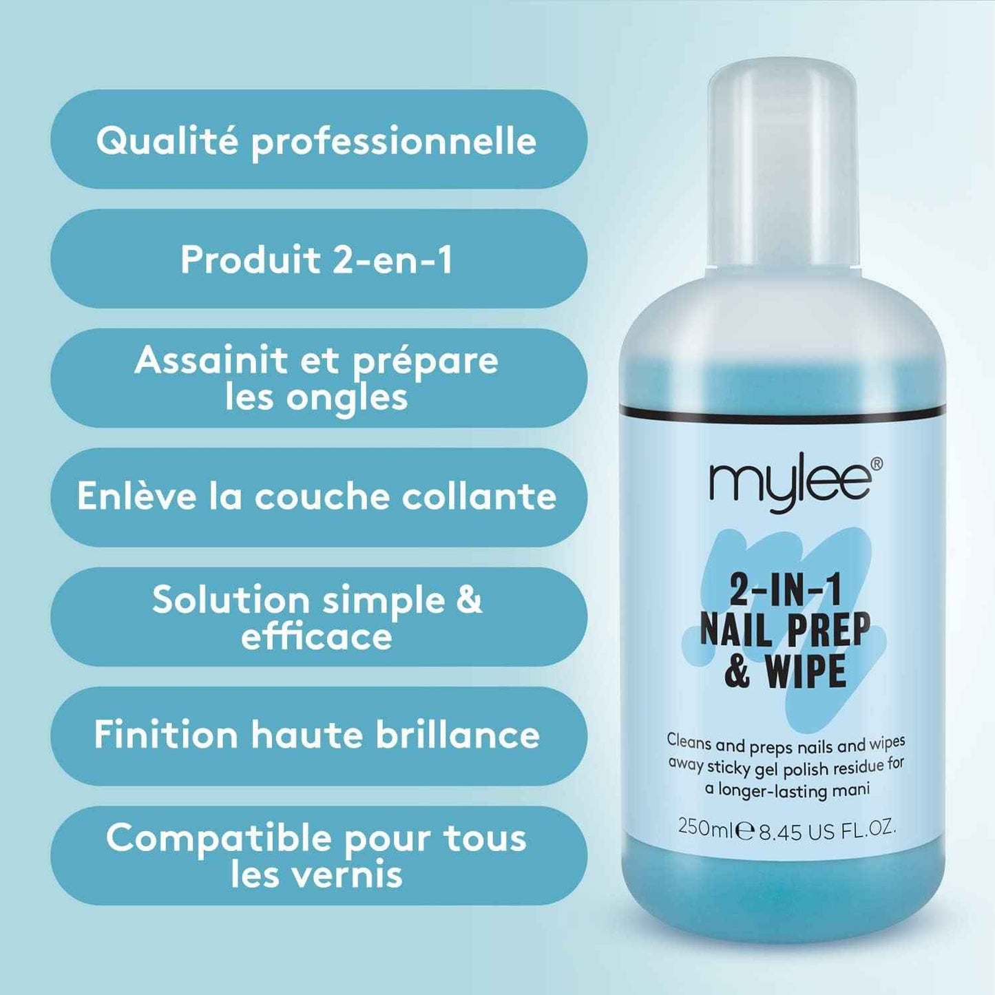 Prep + Wipe Nettoyant De Résidus De Vernis Semi-Permanent 250 Ml, Préparation & Après-Soin, Cleaner Dégraissant Vernis Gel UV LED, Multi-Usage Pour Assainir L'Ongle & Éliminer Le Collant | Base De Vernis Gel UV/LED Pour Manucure, Préparation Et Après-Soin