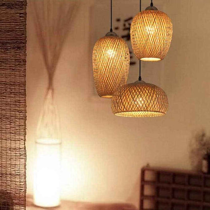 Lustre Industriel 3 Lampes Suspendue Bambou Tissé À La Main Lampe Vintage Pendentif Rotin Lampe À Suspension Abat-Jour En Osier Naturel Luminaire Plafonnier E27 Pour Chambre Salon Cuisine Salle