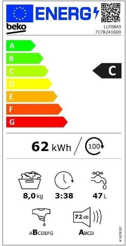 Lave-Linge Hublot BEKO LLF08A5 - 8 Kg - Induction - 1400 Trs/Min - Gris Anthracite