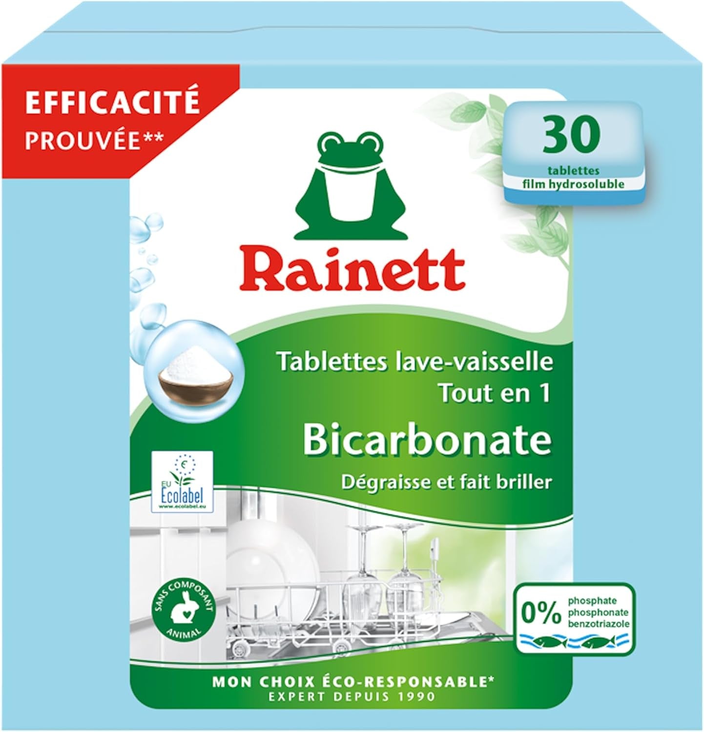 - Pastilles Lave-Vaisselle Tout-En-Un Au Bicarbonate - Résultat Brillant, Sans Traces - Etui Carton Recyclé & Recyclable - Ecolabel - 30 Tablettes