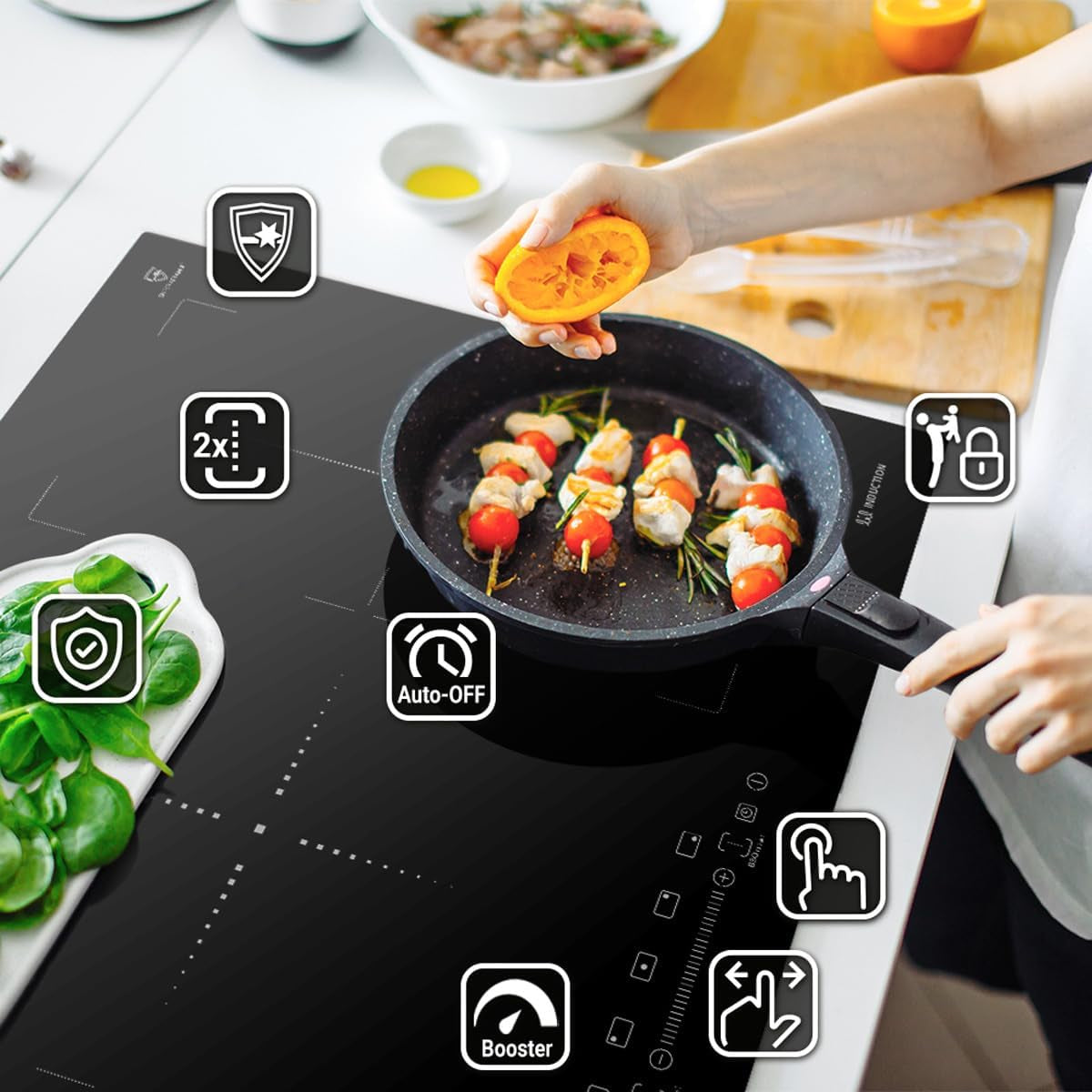 Cuisinière: 60Cm Four Encastrable EB8010ED + 77Cm Plaque Induction IND7705FZ / Gril/Circulation De L'Air/Air Chaud/Tiroirs Télescopiques/Timer Automatique / SET80103FZ