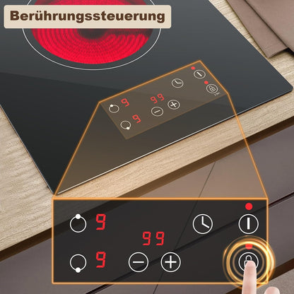 Plaque Vitrocéramique 2 Feux, Plaque De Cuisson Electrique 30Cm, Electrique Plaque Encastrable, Commande Tactile, 3000W 9 Niveaux De Puissance, Minuterie 1-99 Min, Pour Toutes Les Casseroles