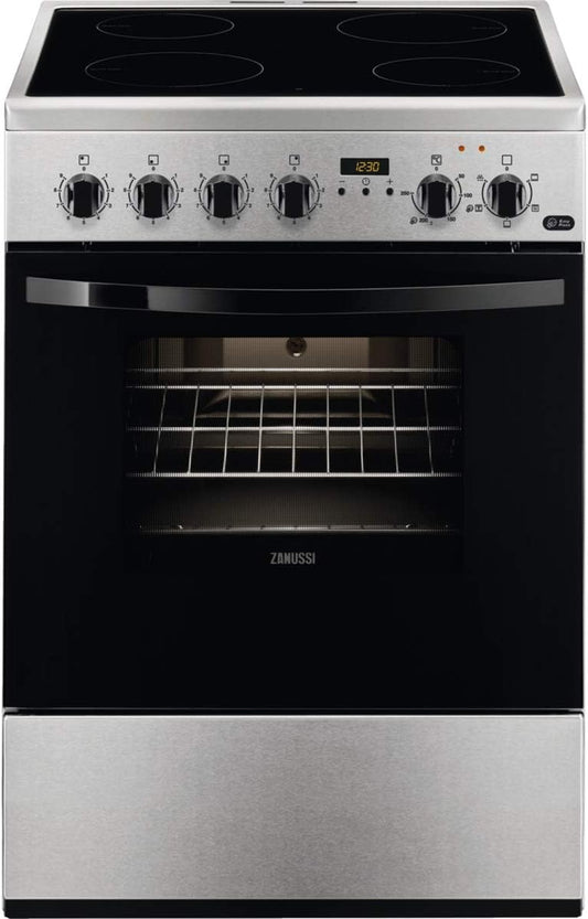 Zanussi ZCV65311XA Cuisine Indépendante 86 X 60 X 60 Cm Avec Plaque Vitrocéramique 4 Zones, Four Et Grill Électriques, Minuteur Électronique, Multifonctions 5 Programmes, Classe A-10%, Inox
