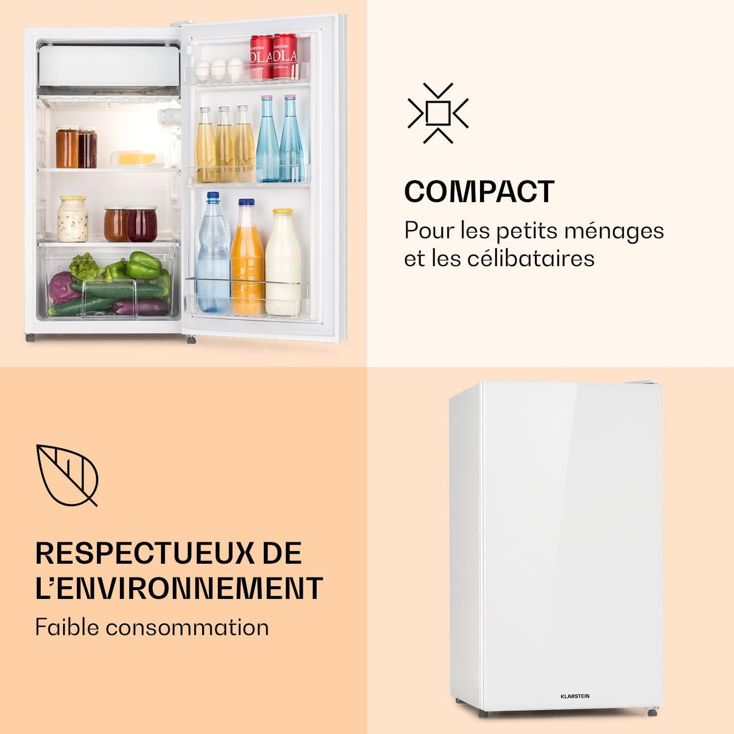 Luminance Frost - Réfrigérateur, 91L, 110 Kwh/An, 7 Niveaux De Réglage De La Température, Eclairage Intérieur, Look Moderne, Bac À Oeufs, Clayettes Verre - Blanc