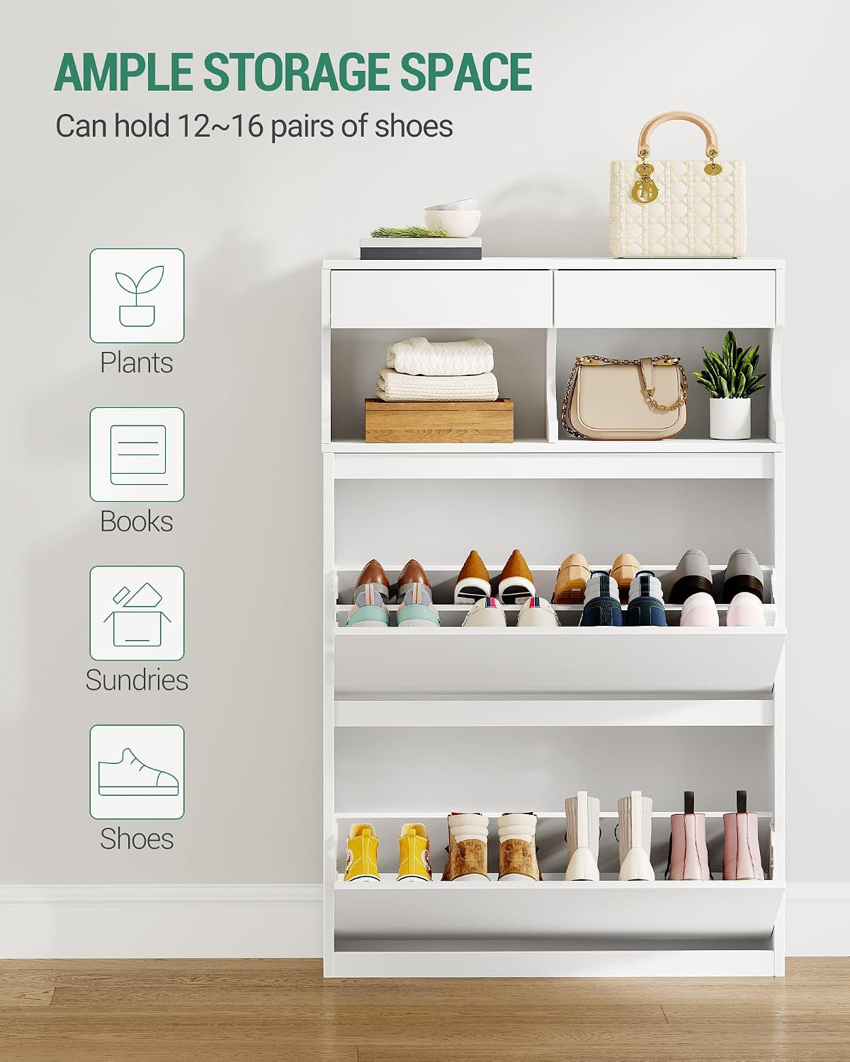 Meuble À Chaussures, 16 Paires, 2 Abattants (80L Cm), Blanc | Armoire À Chaussures, Séparateur Réglable, Grande Capacité, Pour Entrée, Couloir, Chambre, SR45303X