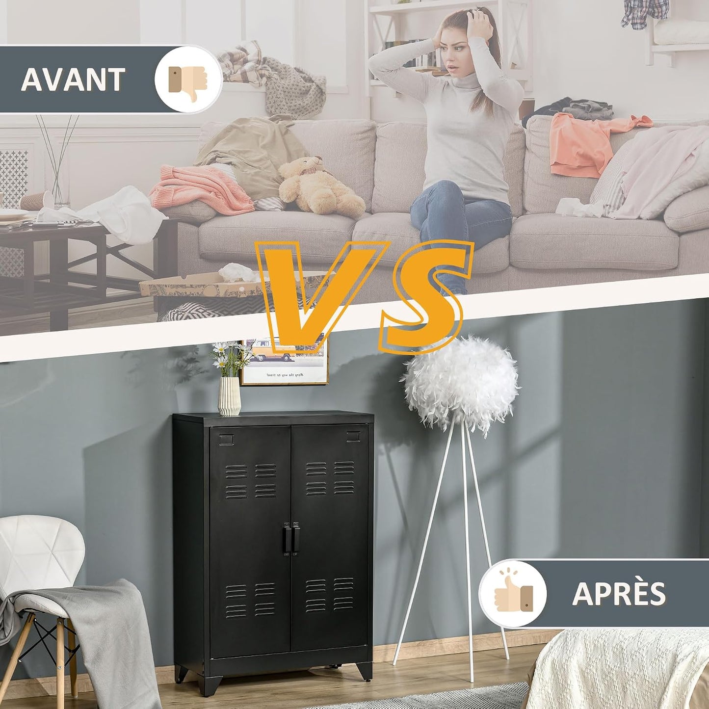 Armoire De Bureau À 3 Niveaux Métallique Noir | Meuble De Rangement Bureau, 2 Portes, Étagères Réglables, Armoire À Dossiers, Pour Domicile, Garage