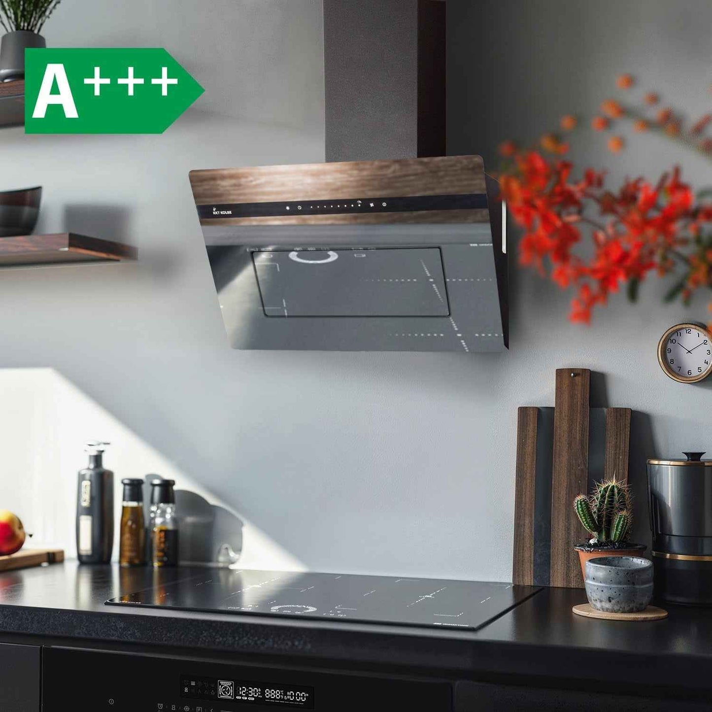 A+++ Hotte Aspirante 80 Cm 782 M³/H Drain Uringang Capot Mural Sans Tête | Miroir En Verre Noir | Démarrage Différé | Smart Wifi App Wi-Fi | Sensortouch | Éclairage LED RGBW | PLOOM8005M