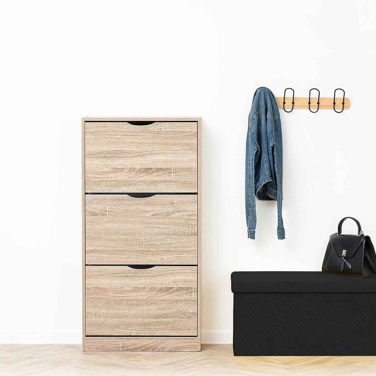 5Five - Meuble Range-Chaussures Drawy 3 Tiroirs Effet Chêne Naturel - 60 X 23 X 119 Cm, Capacité 18 Paires - Pour Entrée, Couloir, Rangement
