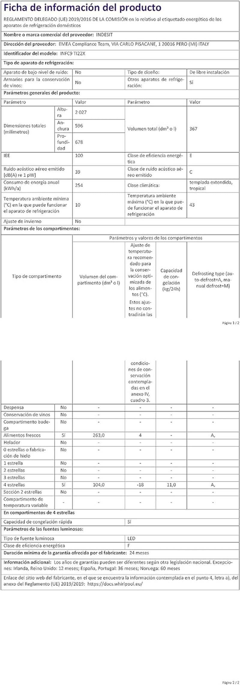 Indesit INFC9TI22X Réfrigérateur Combiné - Total Nofrost, Pose Libre, 367L