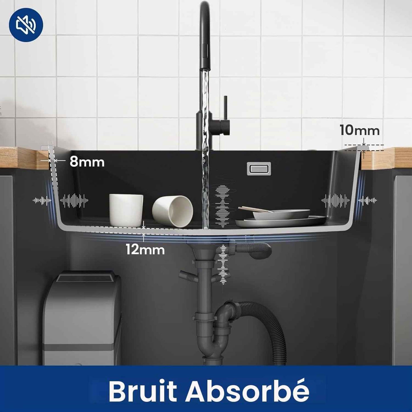 Évier De Cuisine Noir 70 X 45 X 20 Cm Avec Robinet Noir Extensible En Granit Avec Bonde Et Trop-Plein, 1 Bac Encastrable À Partir De 80 Cm De Largeur D'Armoire, Évier De Cuisine Avec Robinet