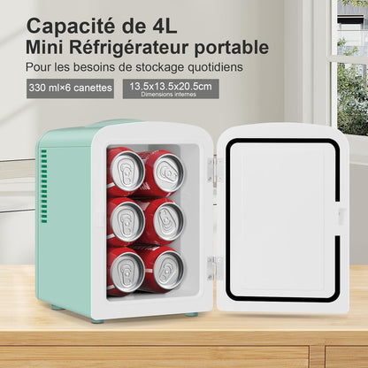 Mini Frigo Portable 4L, Mini Réfrigérateur Cosmétique, Mini Glacière Électrique, Fonction Froid/Chaud, Avec Câble AC 220V/ DC 12V Pour Voiture, Bureau, Chambre (Vert)