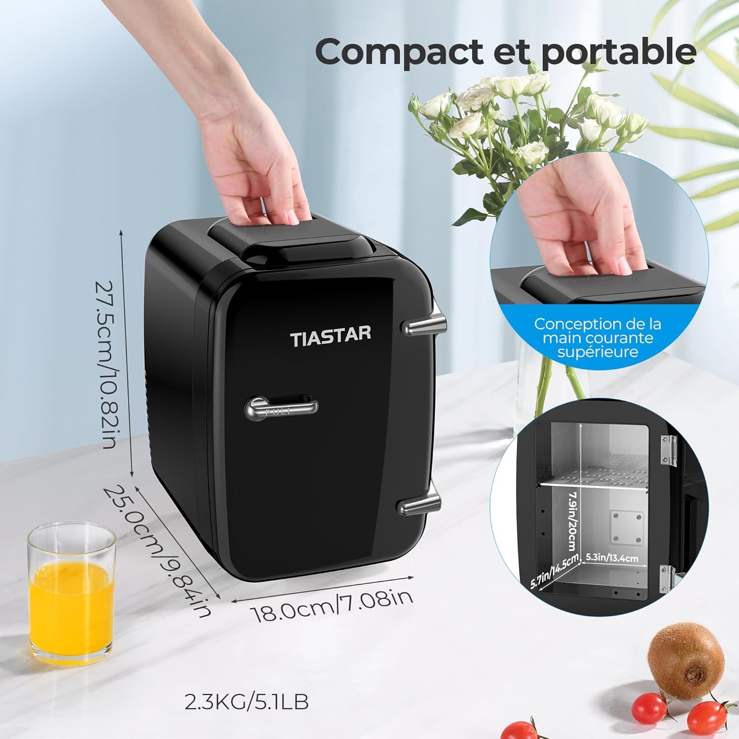 Tiastar Mini Frigo Portable, 4 Litres /6 Boîtes Boissons & Soin De La Peau Mini Petit Frigo Pour Chambre, Voiture, Bureau, Deux Vitesses - Refroidisseur Et Réchauffeur (Noir)