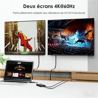 Adaptateur USB 3.1/USB C Vers HDMI Double, Displaylink Dual 4K@60Hz Monitor Hub, Compatible Macbook M1/M2/M3/M4, New Macbook Neo, Windows