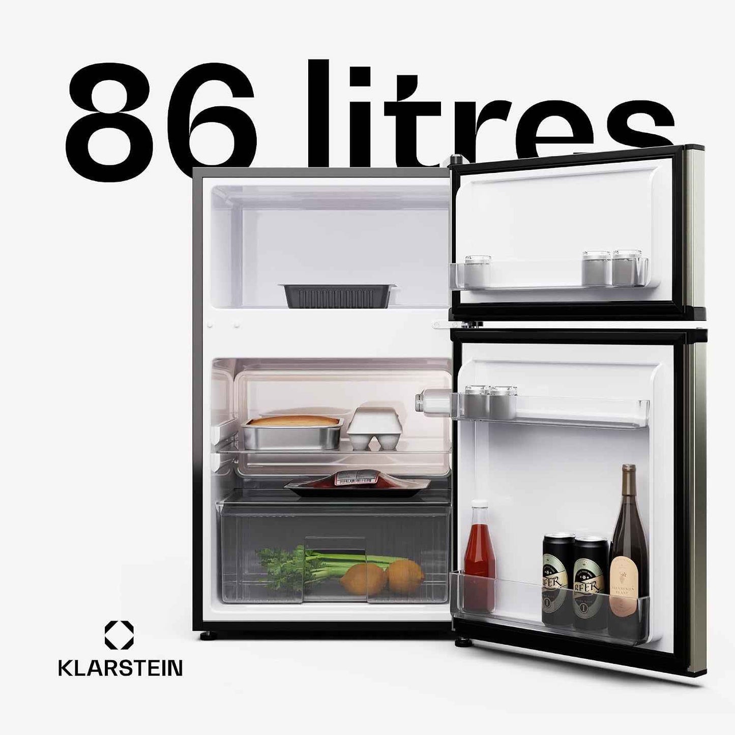 KLARSTEIN Big Daddy Cool - Frigo Réfrigérateur, Réfrigérateur Combiné, Compartiment Bouteilles, Bac Légumes, Eclairage Intérieur, Look Moderne, Nettoyage Facile, Pieds Réglables, 86 L - Argent
