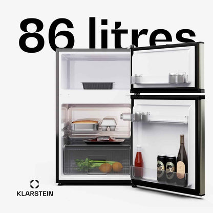 KLARSTEIN Big Daddy Cool - Frigo Réfrigérateur, Réfrigérateur Combiné, Compartiment Bouteilles, Bac Légumes, Eclairage Intérieur, Look Moderne, Nettoyage Facile, Pieds Réglables, 86 L - Argent