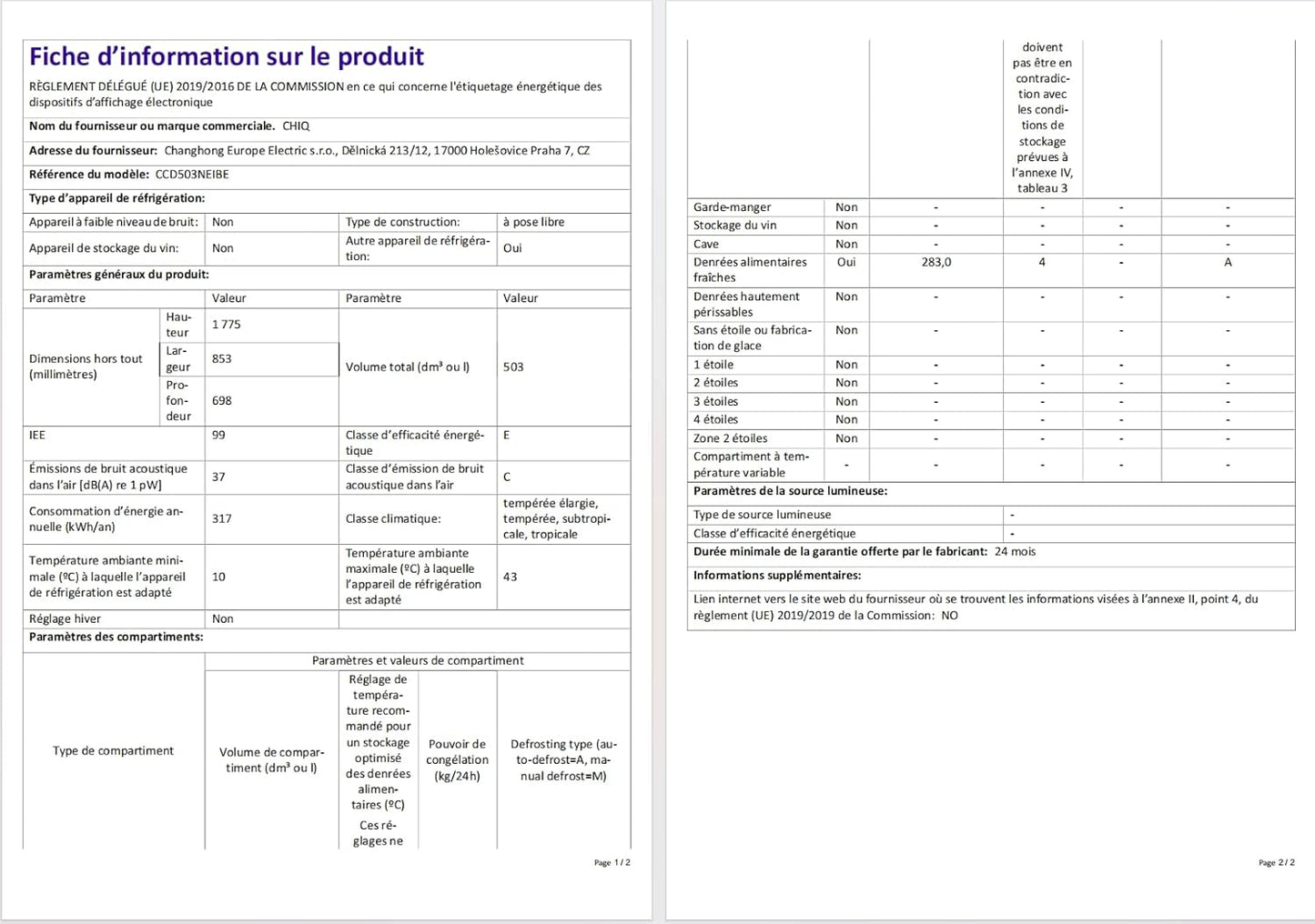 Réfrigérateur Américain À Portes Multiples CCD503NEIBE, 177 Cm De Hauteur, 69 Cm De Profondeur, Total De 503 Litres, Compresseur À Inverter, Aucun Givre, Flux D'Air Multiples, Espace Care, Congé